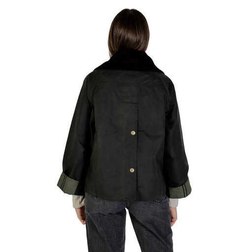Barbour Damen-Wachsblazer, grüne Baumwoll-Herbstjacke mit schwarzem Plüschpelzkragen und olivgrünem Besatz an den Ärmelbündchen