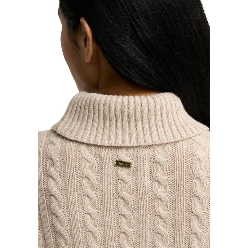 Barbour Damen-Strickpullover Ambleside aus Wollmischung, beige, Zopfmuster, mit geripptem Rollkragen, Vorderansicht