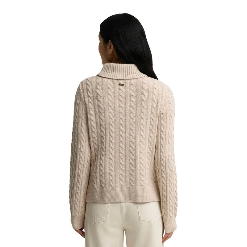 Barbour Damen-Strickpullover Ambleside aus Wollmischung, beige, Zopfmuster, Rollkragenpullover mit goldenem Markenetikett am Halsausschnitt