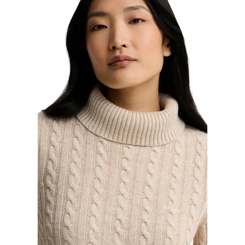 Barbour Damen-Strickpullover „Ambleside“ aus Wollmischung, beige, mit Zopfmuster, Rollkragen, Rippenkragen und Strukturmuster