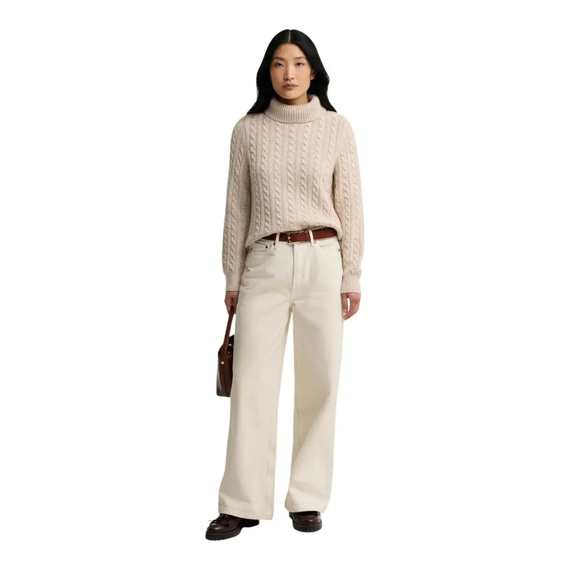 Barbour Damen-Strickpullover Ambleside aus Wollmischung in Beige mit cremefarbenem, zopfgestricktem Rollkragenpullover