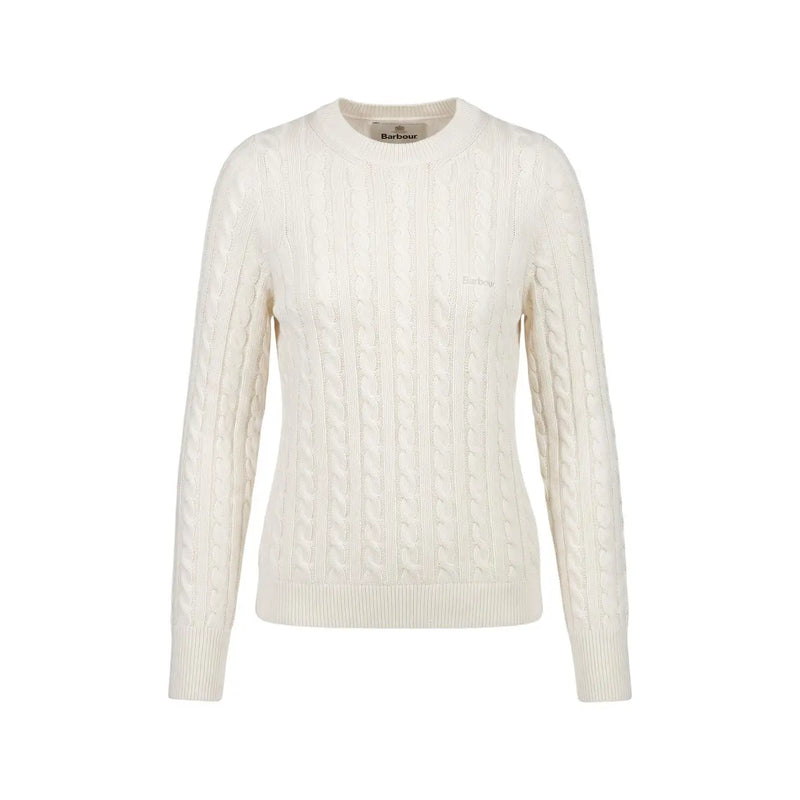 Cremefarbener Barbour Damen-Pullover aus Wolle und Baumwolle mit Zopfmuster, klassischem Rundhalsausschnitt und gerippten Bündchen in Weiß.