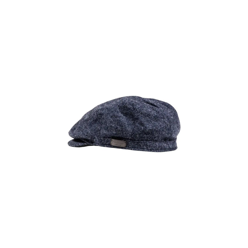 Barbour Woll-Schiebermütze für Herren aus dunkelblauem Fischgrät-Tweed mit Leder-Markenetikett, Seitenansicht