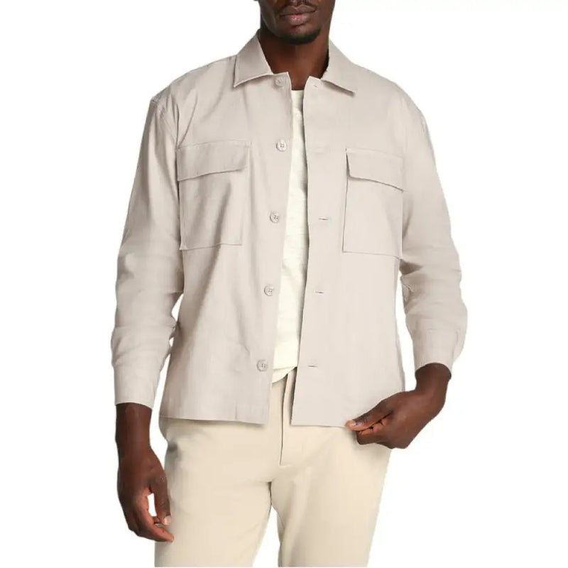 Beige button-down shirt jacket for men displayed in the product Mens Beige Shirt Jacket