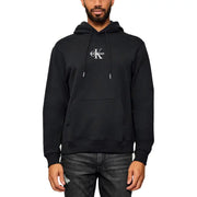 Black men’s hooded sweatshirt with white embroidered logo and front kangaroo pocket