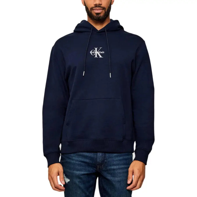 Men’s navy blue Calvin Klein hoodie with white drawstrings and logo front view