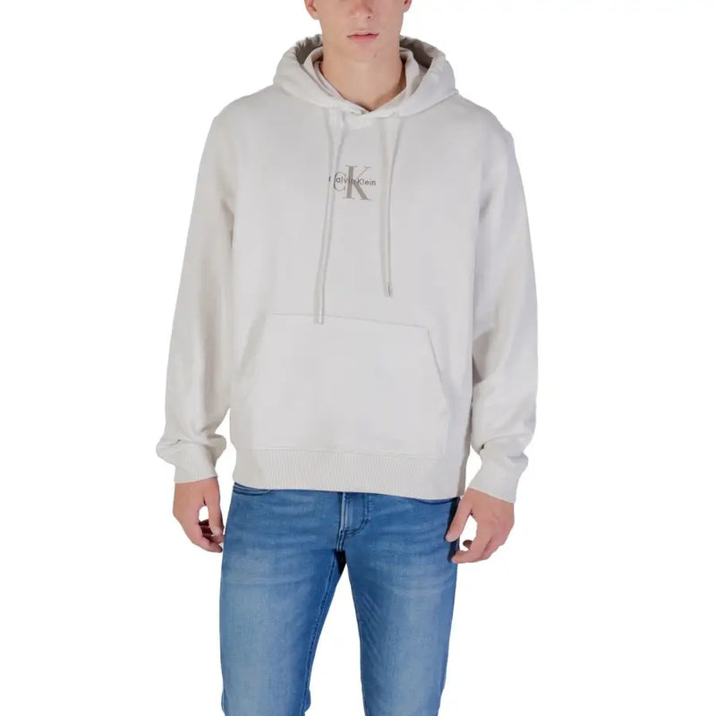 Men’s light grey Calvin Klein Jeans long hooded sweatshirt with front pocket and subtle logo