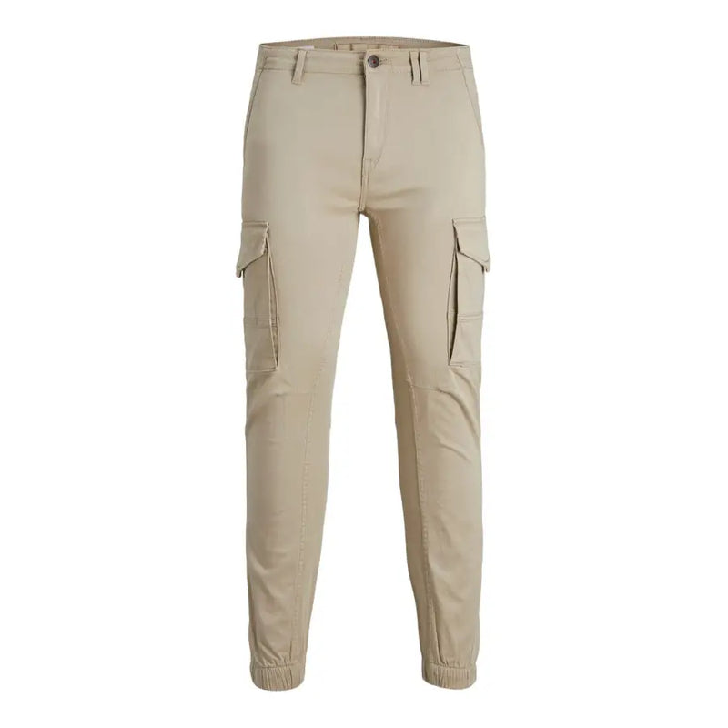 Beige cotton jack & jones mens cargo pants with elastic cuffs and side pockets for casual wear