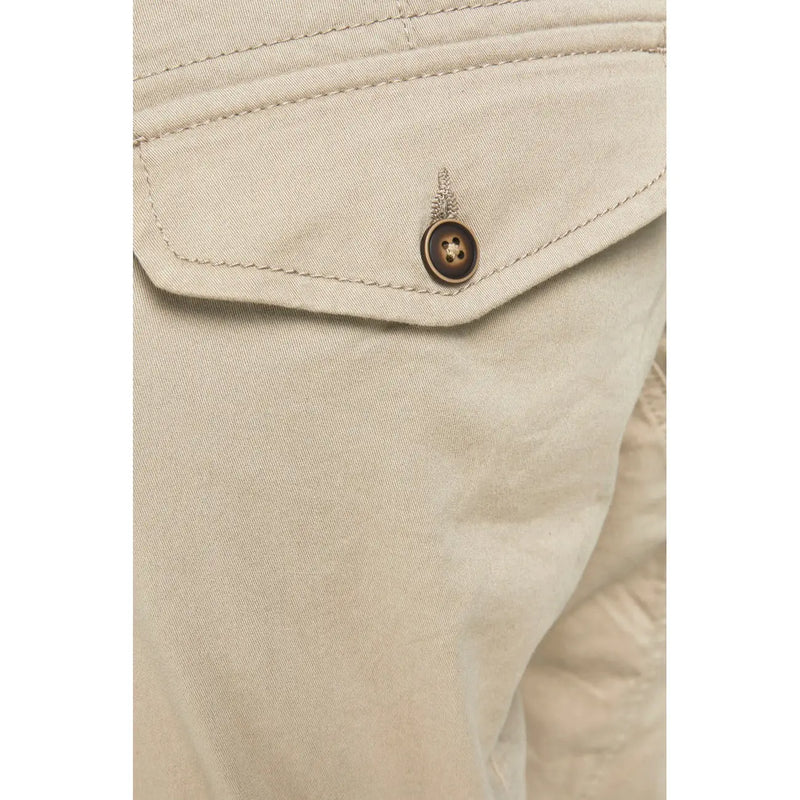 Beige cotton Jack Jones mens cargo pants with pockets featuring a brown button with an ornate metallic top