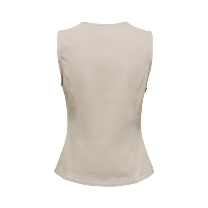 Beige cotton sleeveless button front gilet for women with a fitted slightly flared silhouette