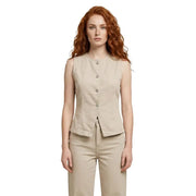 Beige cotton sleeveless button front gilet for women with a fitted tailored silhouette