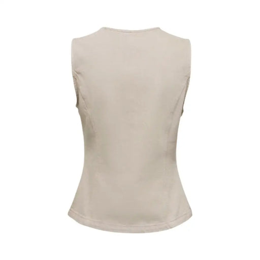 Beige, ärmellose, figurbetonte, ausgestellte Baumwollweste für Damen mit Knopfleiste.