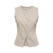 Beige cotton sleeveless button front gilet for women with matching buttons and a subtle peplum hem