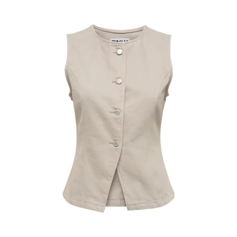 Beige cotton sleeveless button front gilet for women with matching buttons and a subtle peplum hem