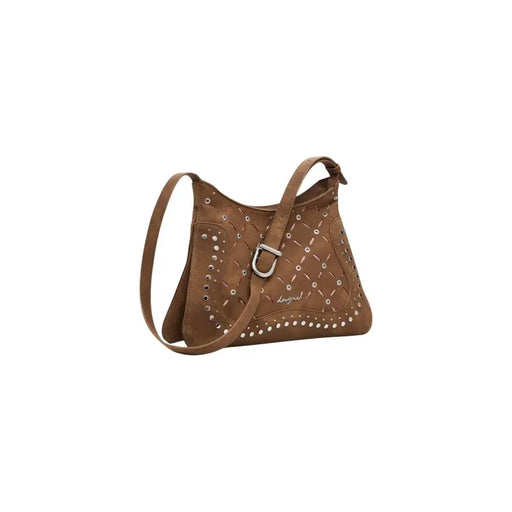 Brown leather shoulder bag with studded and quilted detailing from Desigual