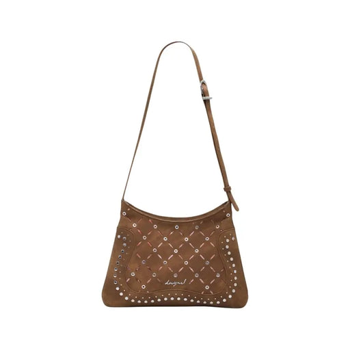 Brown suede shoulder bag with studded and quilted patterns for women