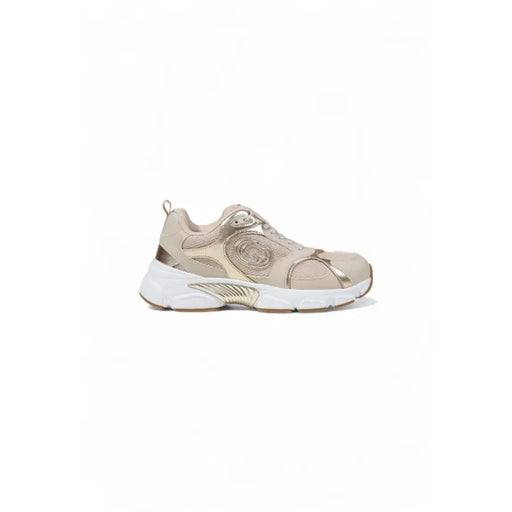 Beige and gold metallic women’s athletic slip-on sneakers with thick white sole