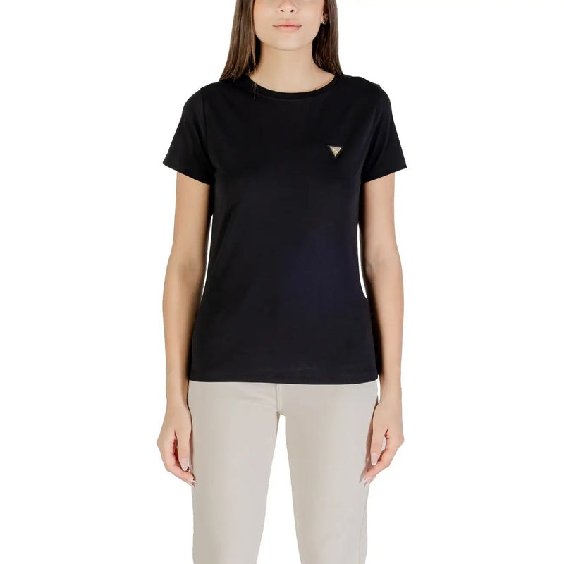 Beige Guess Active womens round neck T-shirt with metallic triangle logo