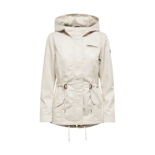 Beigefarbener Kapuzenblazer mit Reißverschluss für Damen, Kordelzug in der Taille und Taschen