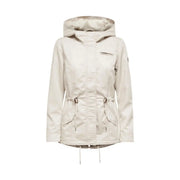Beige hooded zip blazer for women with drawstring waist and side pockets made from lightweight fabric