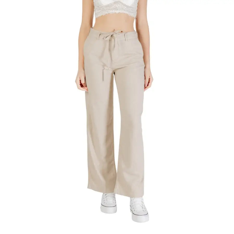 Beige Leinen-Viskose-Hose mit weitem Bein für Damen, mit Kordelzug im Bund und Falten