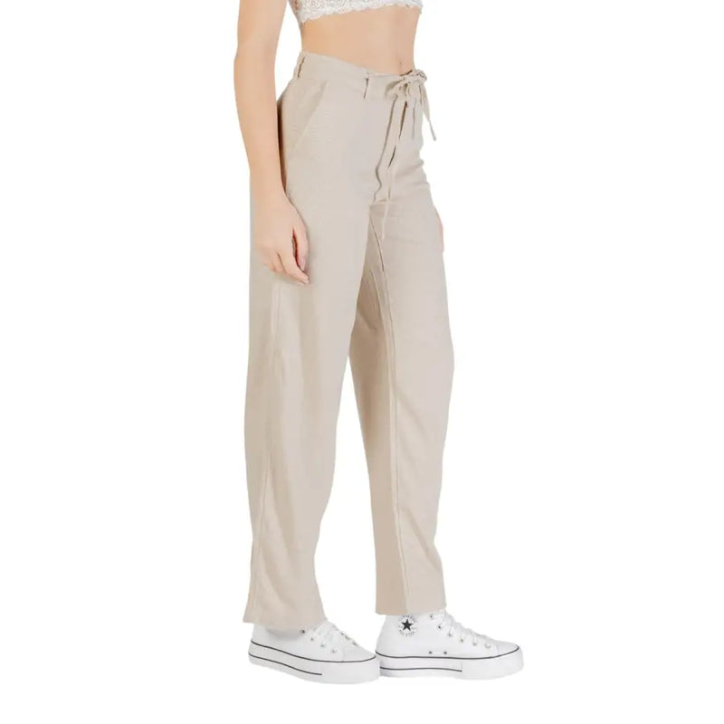 Beige Leinen-Viskose-Hose mit hohem Bund und Kordelzug für Damen