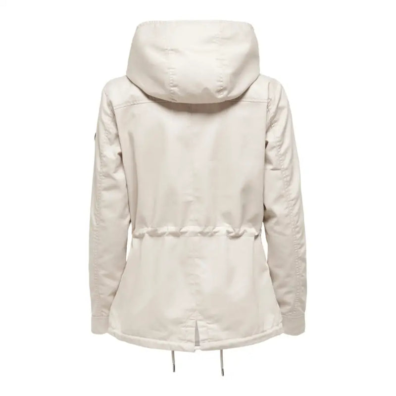 Women’s light beige hooded parka jacket with drawstring waist for stylish comfort