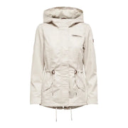 Light beige hooded parka jacket with drawstrings at waist and hem for women