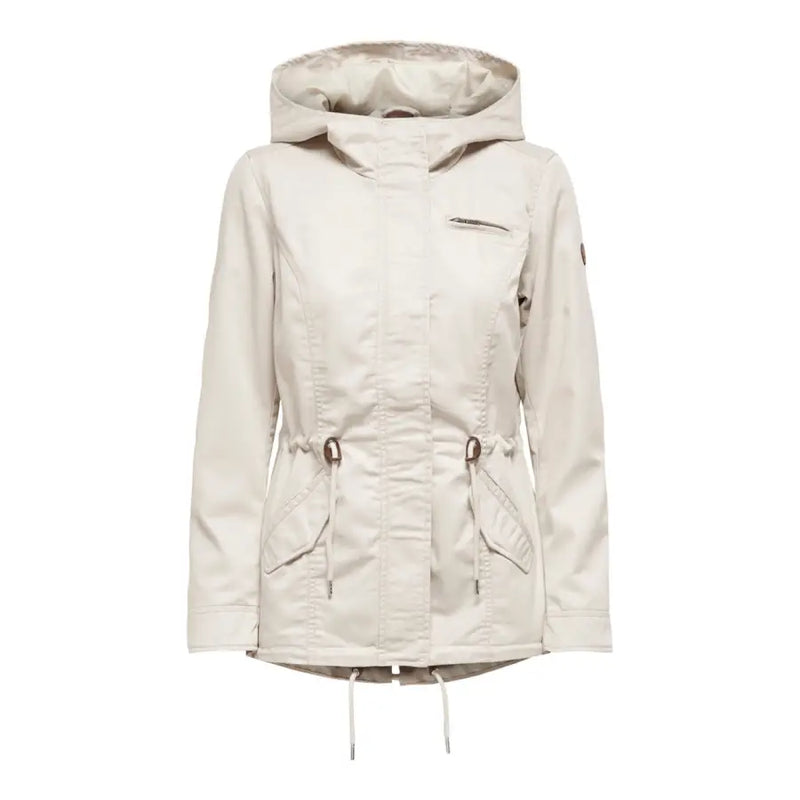 Light beige hooded parka jacket with drawstrings at waist and hem for women
