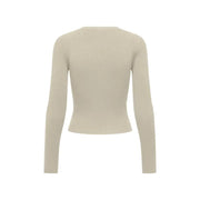 Beige ribbed knit long-sleeved crop top featuring a v neck and button details for women