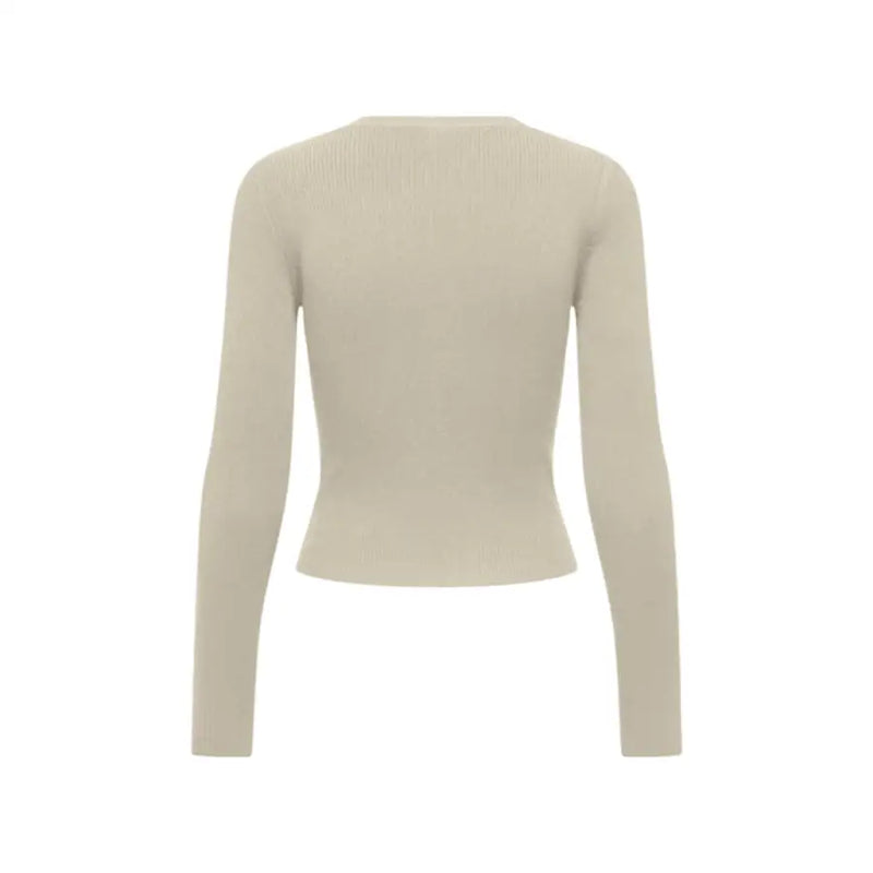 Beige ribbed knit long-sleeved crop top featuring a v neck and button details for women