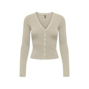 Beige long sleeve v neck button cardigan for women made of ribbed knit material with a button front closure
