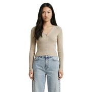 Beige long sleeve v neck cardigan for women made of ribbed knit with front button closure