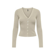 Beige long sleeve v neck button cardigan for women made of ribbed knit material with a button front closure