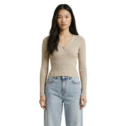 Beige long sleeve v neck cardigan for women made of ribbed knit with front button closure