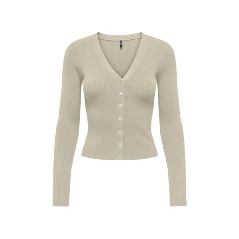 Beigefarbene, langärmlige Strickjacke mit V-Ausschnitt, Knöpfen und Rippstrick für Damen