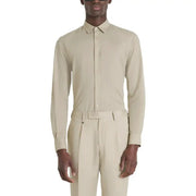 Beige long-sleeved dress shirt and trousers displayed in a product image