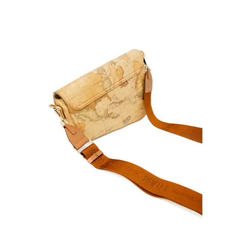Beige map patterned crossbody bag with brown strap for stylish storage