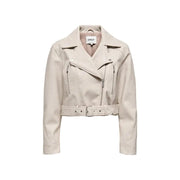 Beige faux leather biker jacket with silver zippers and matching belt paired with beige polyester long blazer with zip and v neck for women
