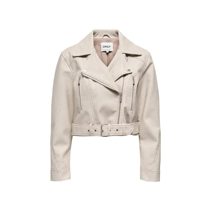 Beige faux leather biker jacket with silver zippers and matching belt paired with beige polyester long blazer with zip and v neck for women