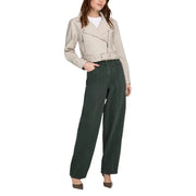 Beige leather biker jacket with silver zippers and belted waist featured alongside beige polyester long blazer with zip and v neck for women