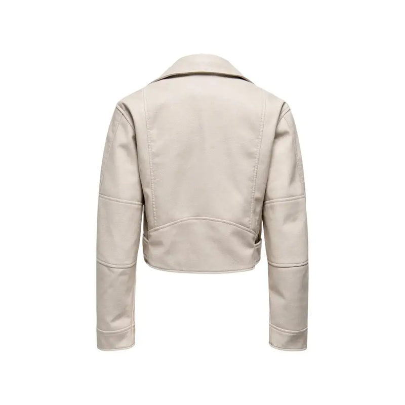 Beige polyester long blazer with zip and v neck for women featuring faux leather cropped moto style with structured shoulders