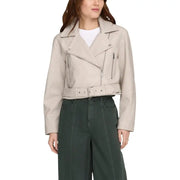 Beige polyester long blazer with v neck featuring a faux leather moto jacket style with silver zippers and matching belt