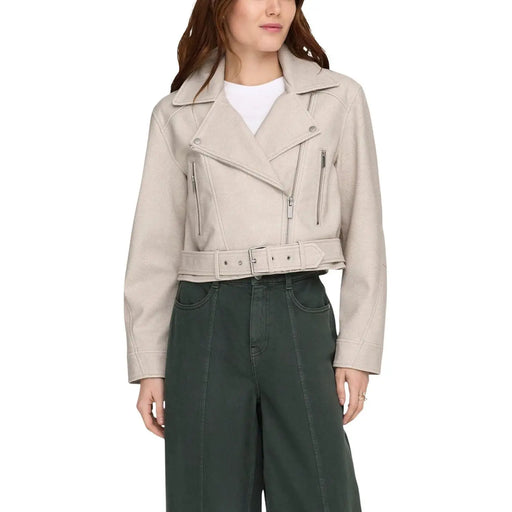 Beige polyester long blazer with v neck featuring a faux leather moto jacket style with silver zippers and matching belt