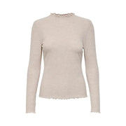 Beige ribbed knit long-sleeved top with ruffled high neckline and hem for women in a round neck sweater style