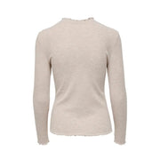 Beige round neck long sweater for women made of ribbed knit with long sleeves and slightly frayed hem and neckline
