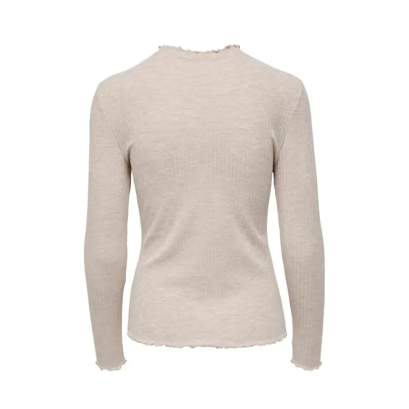 Beige round neck long sweater for women made of ribbed knit with long sleeves and slightly frayed hem and neckline