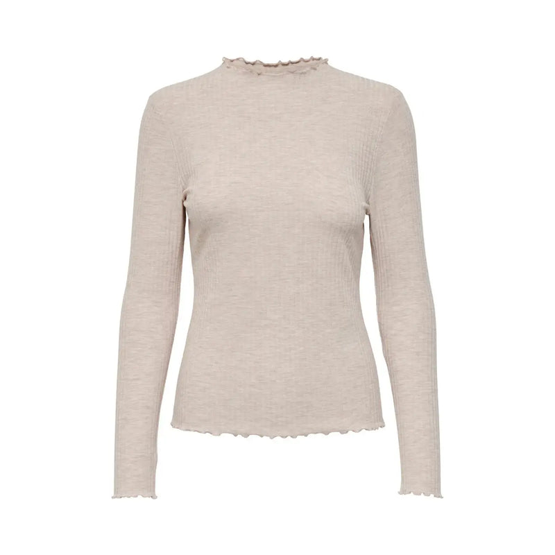 Beige ribbed knit long-sleeved top with ruffled high neckline and hem for women in a round neck sweater style