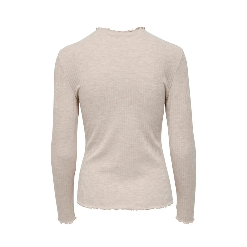 Beige round neck long sweater for women made of ribbed knit with long sleeves and slightly frayed hem and neckline