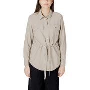 Beige drawstring shirt displayed on a model from Womens Beige Button Down Drawstring Shirt collection